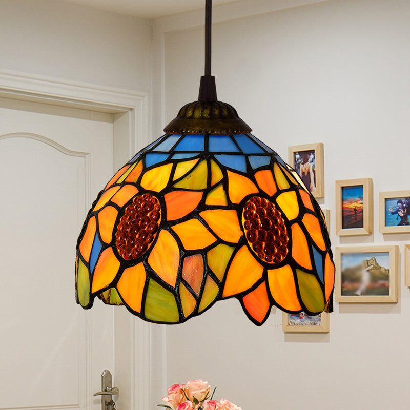 Shaded Pendant Light 1 Bulb Stained Art Glass Tiffany Suspension Light Fixture for Corridor Orange Clearhalo 'Ceiling Lights' 'Industrial' 'Middle Century Pendants' 'Pendant Lights' 'Pendants' 'Tiffany close to ceiling' 'Tiffany Pendants' 'Tiffany' Lighting' 2187125