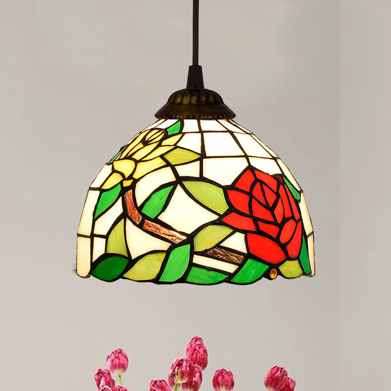 Shaded Pendant Light 1 Bulb Stained Art Glass Tiffany Suspension Light Fixture for Corridor Light Green Clearhalo 'Ceiling Lights' 'Industrial' 'Middle Century Pendants' 'Pendant Lights' 'Pendants' 'Tiffany close to ceiling' 'Tiffany Pendants' 'Tiffany' Lighting' 2187126