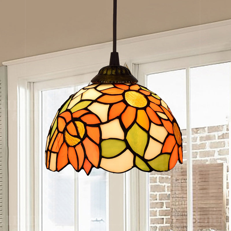 Shaded Pendant Light 1 Bulb Stained Art Glass Tiffany Suspension Light Fixture for Corridor Light Orange Clearhalo 'Ceiling Lights' 'Industrial' 'Middle Century Pendants' 'Pendant Lights' 'Pendants' 'Tiffany close to ceiling' 'Tiffany Pendants' 'Tiffany' Lighting' 2187128