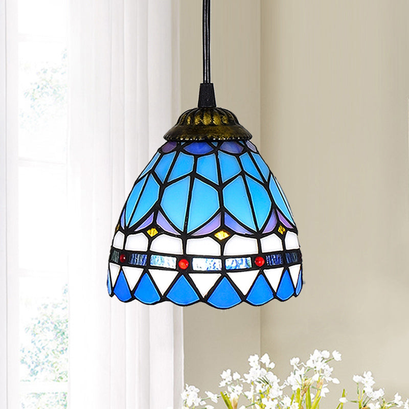Shaded Pendant Light 1 Bulb Stained Art Glass Tiffany Suspension Light Fixture for Corridor Lake Blue Clearhalo 'Ceiling Lights' 'Industrial' 'Middle Century Pendants' 'Pendant Lights' 'Pendants' 'Tiffany close to ceiling' 'Tiffany Pendants' 'Tiffany' Lighting' 2187132
