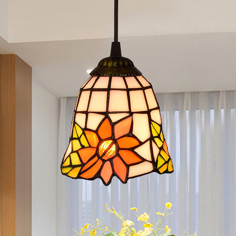 Shaded Pendant Light 1 Bulb Stained Art Glass Tiffany Suspension Light Fixture for Corridor Light Yellow Clearhalo 'Ceiling Lights' 'Industrial' 'Middle Century Pendants' 'Pendant Lights' 'Pendants' 'Tiffany close to ceiling' 'Tiffany Pendants' 'Tiffany' Lighting' 2187133