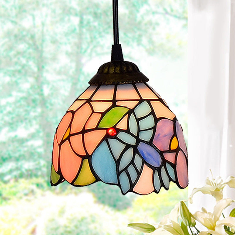 Shaded Pendant Light 1 Bulb Stained Art Glass Tiffany Suspension Light Fixture for Corridor Pink Clearhalo 'Ceiling Lights' 'Industrial' 'Middle Century Pendants' 'Pendant Lights' 'Pendants' 'Tiffany close to ceiling' 'Tiffany Pendants' 'Tiffany' Lighting' 2187134