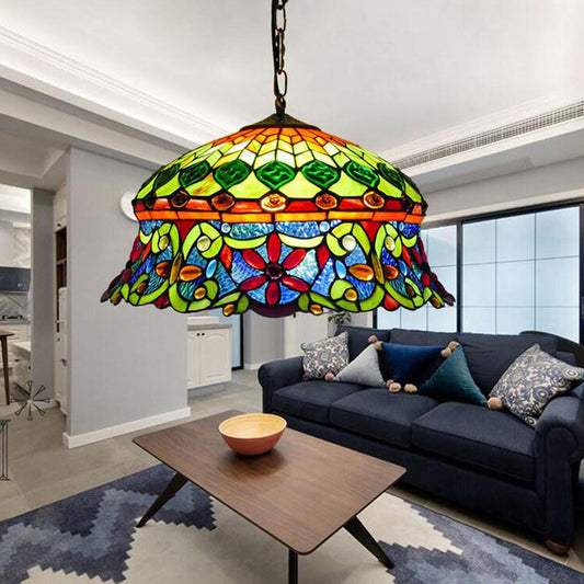 Traditional Shaded Ceiling Light 3 Bulbs Flower Stained Glass Hanging Lamp for Living Room Green Clearhalo 'Ceiling Lights' 'Industrial' 'Middle Century Pendants' 'Pendant Lights' 'Pendants' 'Tiffany close to ceiling' 'Tiffany Pendants' 'Tiffany' Lighting' 2187141