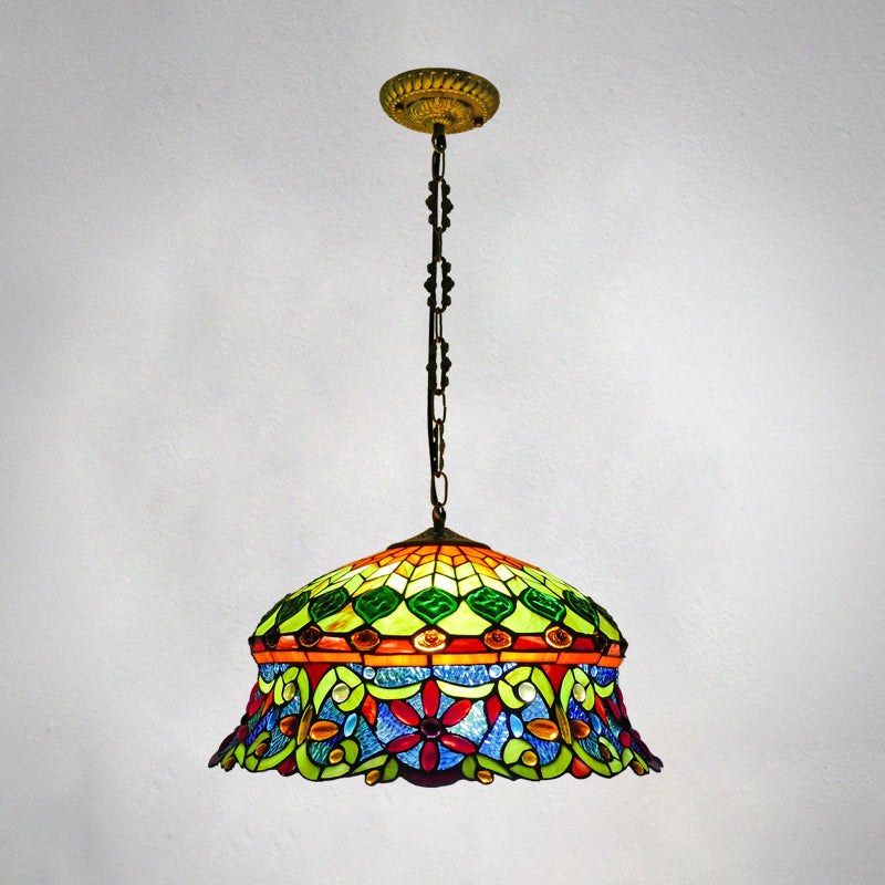 Traditional Shaded Ceiling Light 3 Bulbs Flower Stained Glass Hanging Lamp for Living Room Clearhalo 'Ceiling Lights' 'Industrial' 'Middle Century Pendants' 'Pendant Lights' 'Pendants' 'Tiffany close to ceiling' 'Tiffany Pendants' 'Tiffany' Lighting' 2187142