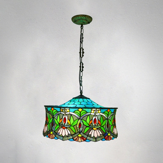 Traditional Shaded Ceiling Light 3 Bulbs Flower Stained Glass Hanging Lamp for Living Room Peacock Blue Clearhalo 'Ceiling Lights' 'Industrial' 'Middle Century Pendants' 'Pendant Lights' 'Pendants' 'Tiffany close to ceiling' 'Tiffany Pendants' 'Tiffany' Lighting' 2187144