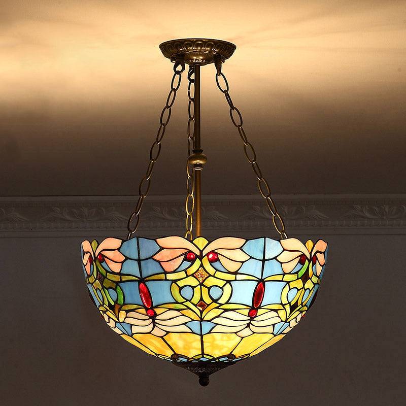 Bowl Shade Suspension Lighting Stained Art Glass Tiffany-Style Pendant Ceiling Light Blue Clearhalo 'Ceiling Lights' 'Industrial' 'Middle Century Pendants' 'Pendant Lights' 'Pendants' 'Tiffany close to ceiling' 'Tiffany Pendants' 'Tiffany' Lighting' 2187148