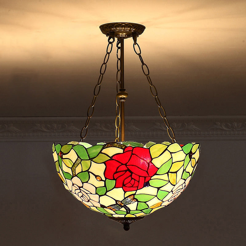 Bowl Shade Suspension Lighting Stained Art Glass Tiffany-Style Pendant Ceiling Light Turquoise Clearhalo 'Ceiling Lights' 'Industrial' 'Middle Century Pendants' 'Pendant Lights' 'Pendants' 'Tiffany close to ceiling' 'Tiffany Pendants' 'Tiffany' Lighting' 2187149
