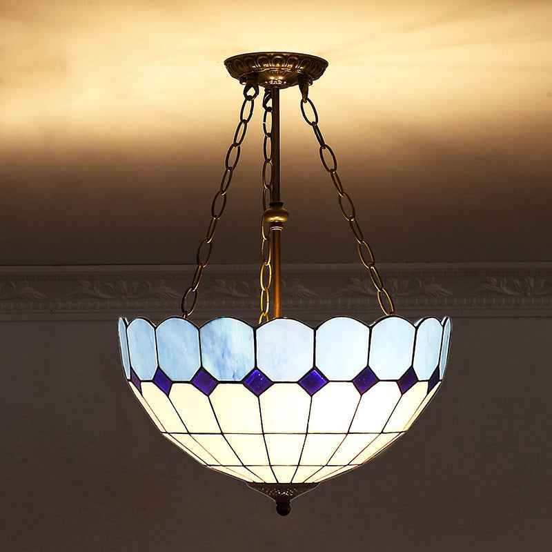 Bowl Shade Suspension Lighting Stained Art Glass Tiffany-Style Pendant Ceiling Light Light Blue Clearhalo 'Ceiling Lights' 'Industrial' 'Middle Century Pendants' 'Pendant Lights' 'Pendants' 'Tiffany close to ceiling' 'Tiffany Pendants' 'Tiffany' Lighting' 2187150