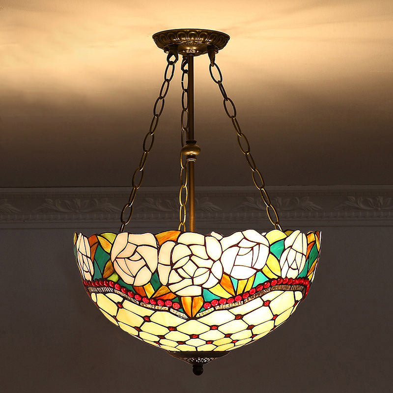 Bowl Shade Suspension Lighting Stained Art Glass Tiffany-Style Pendant Ceiling Light Apricot Clearhalo 'Ceiling Lights' 'Industrial' 'Middle Century Pendants' 'Pendant Lights' 'Pendants' 'Tiffany close to ceiling' 'Tiffany Pendants' 'Tiffany' Lighting' 2187151