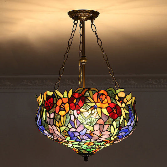 Bowl Shade Suspension Lighting Stained Art Glass Tiffany-Style Pendant Ceiling Light Army Green Clearhalo 'Ceiling Lights' 'Industrial' 'Middle Century Pendants' 'Pendant Lights' 'Pendants' 'Tiffany close to ceiling' 'Tiffany Pendants' 'Tiffany' Lighting' 2187152