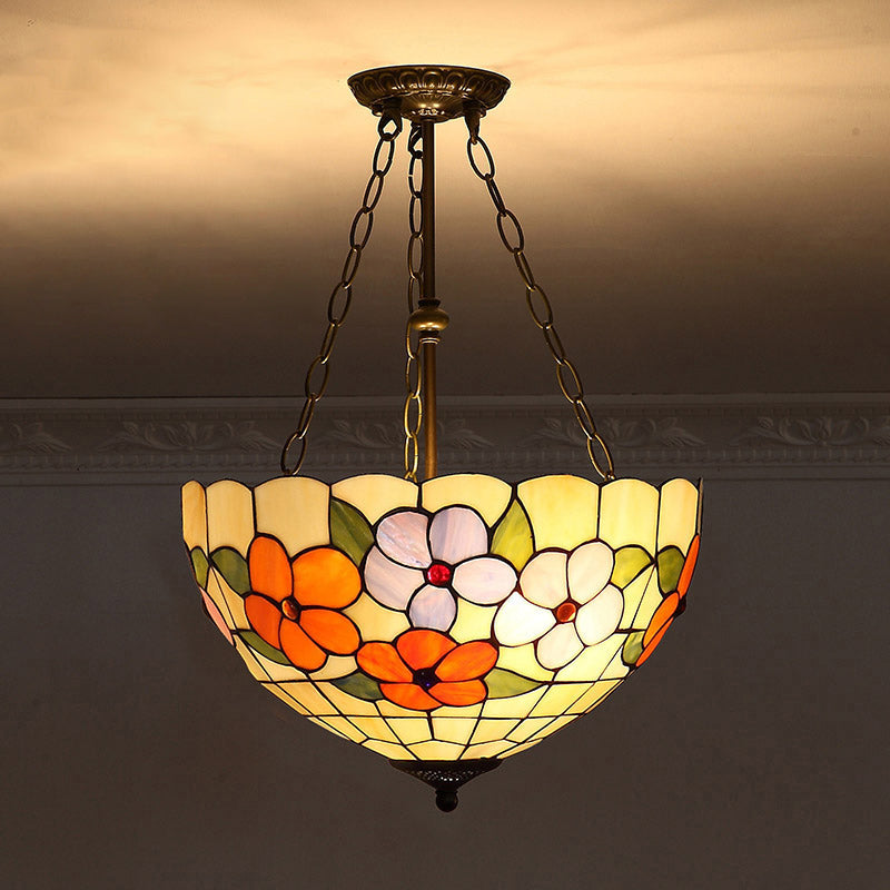 Bowl Shade Suspension Lighting Stained Art Glass Tiffany-Style Pendant Ceiling Light Beige Clearhalo 'Ceiling Lights' 'Industrial' 'Middle Century Pendants' 'Pendant Lights' 'Pendants' 'Tiffany close to ceiling' 'Tiffany Pendants' 'Tiffany' Lighting' 2187153