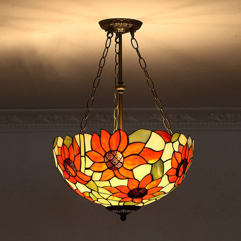 Bowl Shade Suspension Lighting Stained Art Glass Tiffany-Style Pendant Ceiling Light Orange Clearhalo 'Ceiling Lights' 'Industrial' 'Middle Century Pendants' 'Pendant Lights' 'Pendants' 'Tiffany close to ceiling' 'Tiffany Pendants' 'Tiffany' Lighting' 2187154