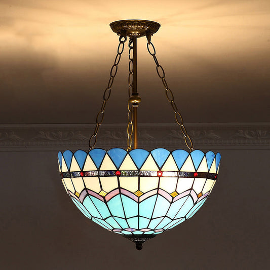 Bowl Shade Suspension Lighting Stained Art Glass Tiffany-Style Pendant Ceiling Light Sky Blue Clearhalo 'Ceiling Lights' 'Industrial' 'Middle Century Pendants' 'Pendant Lights' 'Pendants' 'Tiffany close to ceiling' 'Tiffany Pendants' 'Tiffany' Lighting' 2187156