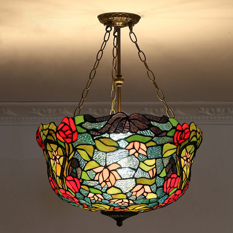 Bowl Shade Suspension Lighting Stained Art Glass Tiffany-Style Pendant Ceiling Light Dark Green Clearhalo 'Ceiling Lights' 'Industrial' 'Middle Century Pendants' 'Pendant Lights' 'Pendants' 'Tiffany close to ceiling' 'Tiffany Pendants' 'Tiffany' Lighting' 2187157