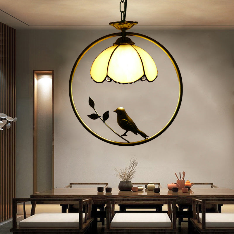 Single-Bulb Ceiling Light Vintage Scalloped Dome Stained Glass Hanging Pendant Light Yellow B Clearhalo 'Ceiling Lights' 'Industrial' 'Middle Century Pendants' 'Pendant Lights' 'Pendants' 'Tiffany close to ceiling' 'Tiffany Pendants' 'Tiffany' Lighting' 2187160