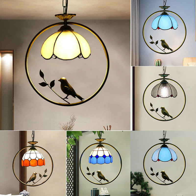 Single-Bulb Ceiling Light Vintage Scalloped Dome Stained Glass Hanging Pendant Light Clearhalo 'Ceiling Lights' 'Industrial' 'Middle Century Pendants' 'Pendant Lights' 'Pendants' 'Tiffany close to ceiling' 'Tiffany Pendants' 'Tiffany' Lighting' 2187161