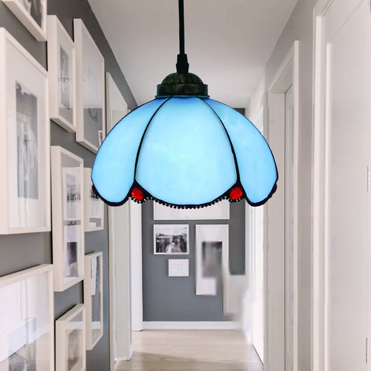 Single-Bulb Ceiling Light Vintage Scalloped Dome Stained Glass Hanging Pendant Light Blue A Clearhalo 'Ceiling Lights' 'Industrial' 'Middle Century Pendants' 'Pendant Lights' 'Pendants' 'Tiffany close to ceiling' 'Tiffany Pendants' 'Tiffany' Lighting' 2187166