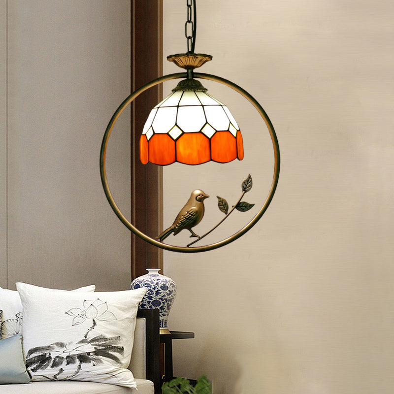Single-Bulb Ceiling Light Vintage Scalloped Dome Stained Glass Hanging Pendant Light Orange B Clearhalo 'Ceiling Lights' 'Industrial' 'Middle Century Pendants' 'Pendant Lights' 'Pendants' 'Tiffany close to ceiling' 'Tiffany Pendants' 'Tiffany' Lighting' 2187169