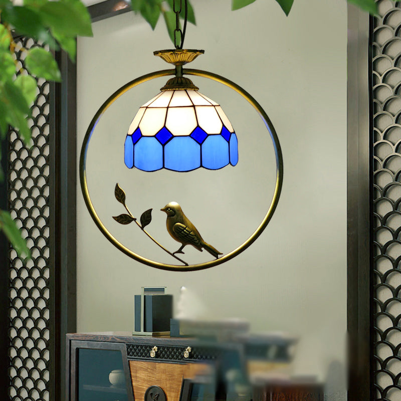 Single-Bulb Ceiling Light Vintage Scalloped Dome Stained Glass Hanging Pendant Light Lake Blue B Clearhalo 'Ceiling Lights' 'Industrial' 'Middle Century Pendants' 'Pendant Lights' 'Pendants' 'Tiffany close to ceiling' 'Tiffany Pendants' 'Tiffany' Lighting' 2187171