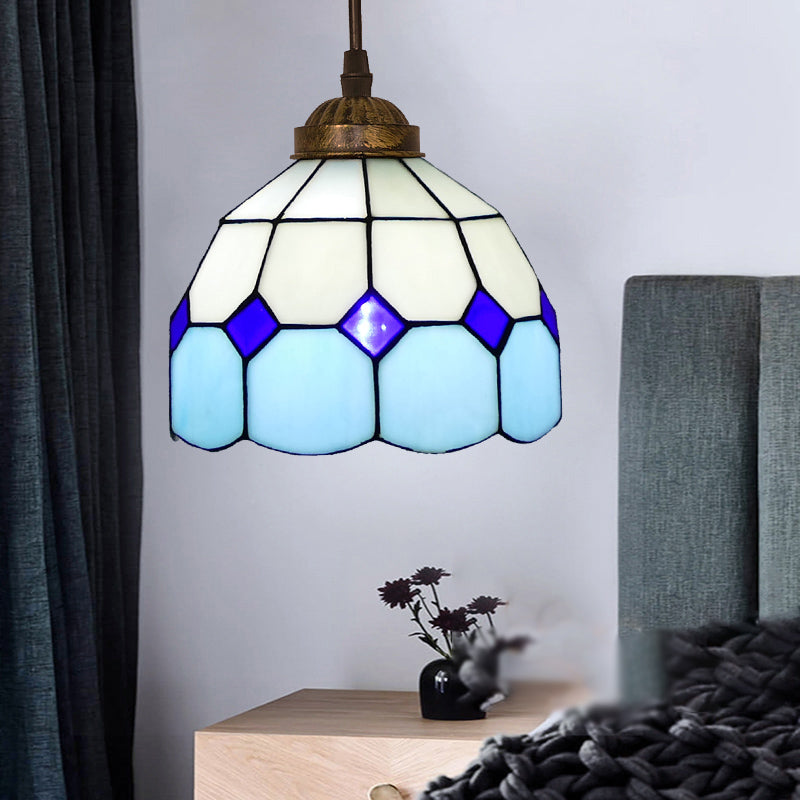 Single-Bulb Ceiling Light Vintage Scalloped Dome Stained Glass Hanging Pendant Light Sky Blue B Clearhalo 'Ceiling Lights' 'Industrial' 'Middle Century Pendants' 'Pendant Lights' 'Pendants' 'Tiffany close to ceiling' 'Tiffany Pendants' 'Tiffany' Lighting' 2187173