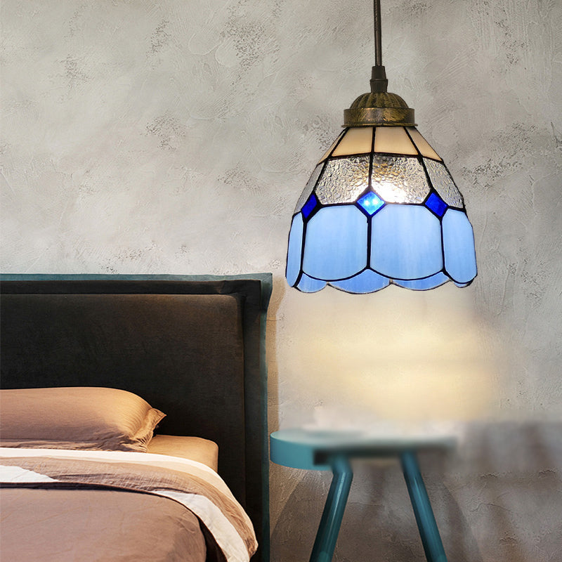 Single-Bulb Ceiling Light Vintage Scalloped Dome Stained Glass Hanging Pendant Light Ocean Blue A Clearhalo 'Ceiling Lights' 'Industrial' 'Middle Century Pendants' 'Pendant Lights' 'Pendants' 'Tiffany close to ceiling' 'Tiffany Pendants' 'Tiffany' Lighting' 2187176