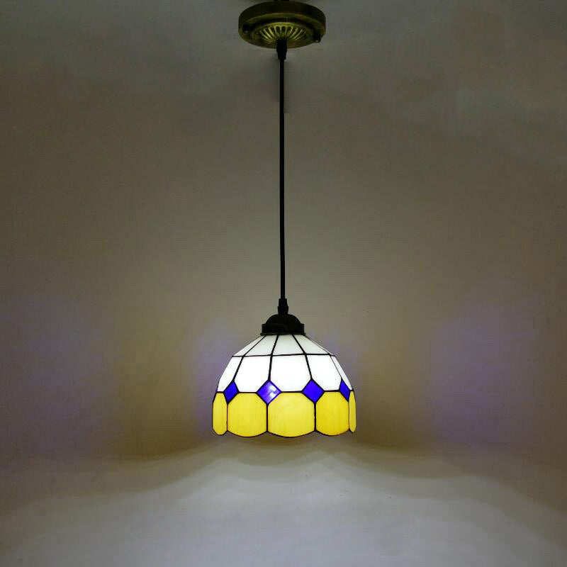 Single-Bulb Ceiling Light Vintage Scalloped Dome Stained Glass Hanging Pendant Light Light Yellow B Clearhalo 'Ceiling Lights' 'Industrial' 'Middle Century Pendants' 'Pendant Lights' 'Pendants' 'Tiffany close to ceiling' 'Tiffany Pendants' 'Tiffany' Lighting' 2187178