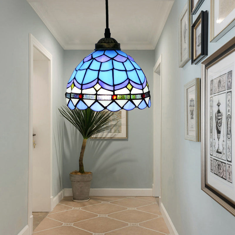 Tiffany Style Bell Shade Pendant Light Single Hand Cut Glass Suspension Light Fixture Blue 8" Clearhalo 'Ceiling Lights' 'Chandeliers' 'Industrial' 'Middle Century Pendants' 'Pendant Lights' 'Pendants' 'Tiffany close to ceiling' 'Tiffany Pendants' 'Tiffany' Lighting' 2187179