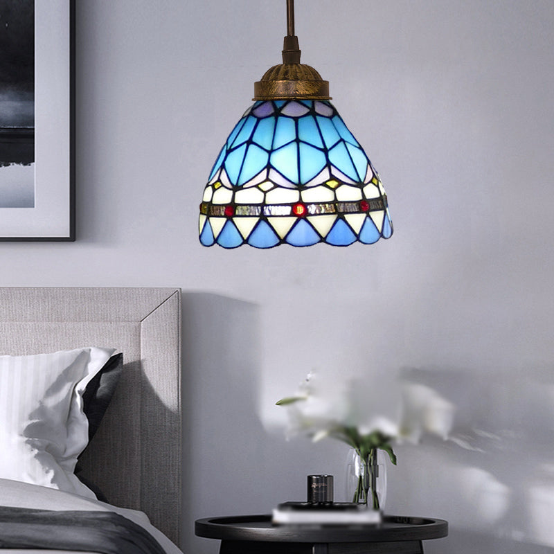 Tiffany Style Bell Shade Pendant Light Single Hand Cut Glass Suspension Light Fixture Blue 6" Clearhalo 'Ceiling Lights' 'Chandeliers' 'Industrial' 'Middle Century Pendants' 'Pendant Lights' 'Pendants' 'Tiffany close to ceiling' 'Tiffany Pendants' 'Tiffany' Lighting' 2187181