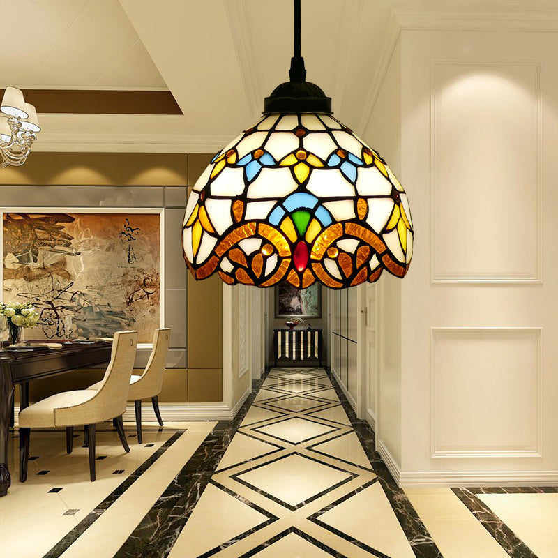 Tiffany Style Bell Shade Pendant Light Single Hand Cut Glass Suspension Light Fixture Khaki 8" Clearhalo 'Ceiling Lights' 'Chandeliers' 'Industrial' 'Middle Century Pendants' 'Pendant Lights' 'Pendants' 'Tiffany close to ceiling' 'Tiffany Pendants' 'Tiffany' Lighting' 2187182
