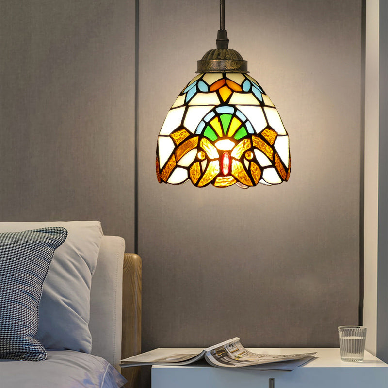 Tiffany Style Bell Shade Pendant Light Single Hand Cut Glass Suspension Light Fixture Khaki 6" Clearhalo 'Ceiling Lights' 'Chandeliers' 'Industrial' 'Middle Century Pendants' 'Pendant Lights' 'Pendants' 'Tiffany close to ceiling' 'Tiffany Pendants' 'Tiffany' Lighting' 2187183