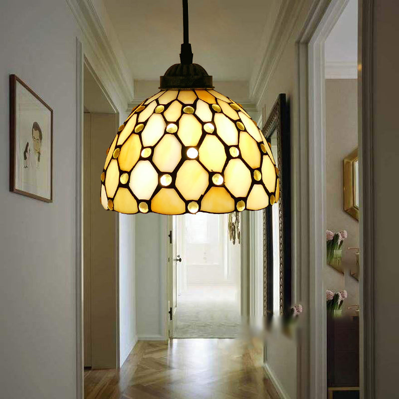 Tiffany Style Bell Shade Pendant Light Single Hand Cut Glass Suspension Light Fixture Yellow 8" Clearhalo 'Ceiling Lights' 'Chandeliers' 'Industrial' 'Middle Century Pendants' 'Pendant Lights' 'Pendants' 'Tiffany close to ceiling' 'Tiffany Pendants' 'Tiffany' Lighting' 2187186