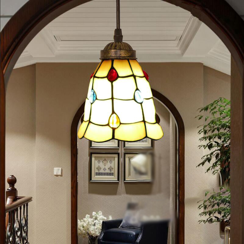 Tiffany Style Bell Shade Pendant Light Single Hand Cut Glass Suspension Light Fixture Beige 6" Clearhalo 'Ceiling Lights' 'Chandeliers' 'Industrial' 'Middle Century Pendants' 'Pendant Lights' 'Pendants' 'Tiffany close to ceiling' 'Tiffany Pendants' 'Tiffany' Lighting' 2187191