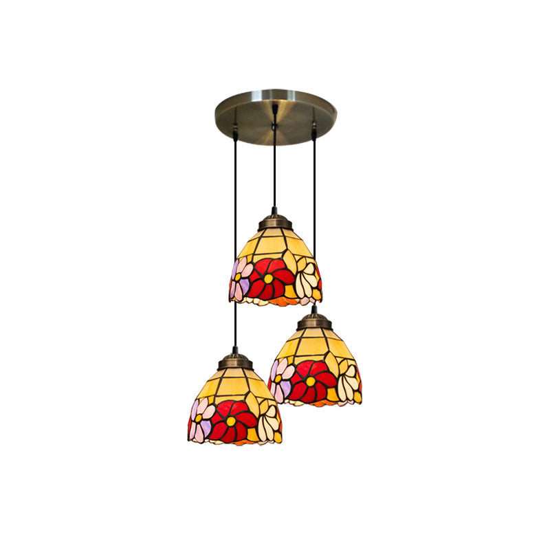 Bell Shaped Multi Light Pendant Decorative Floral Stained Glass 3 Heads Bronze Hanging Lighting Clearhalo 'Ceiling Lights' 'Chandeliers' 'Industrial' 'Middle Century Pendants' 'Pendant Lights' 'Pendants' 'Tiffany close to ceiling' 'Tiffany Pendants' 'Tiffany' Lighting' 2187193