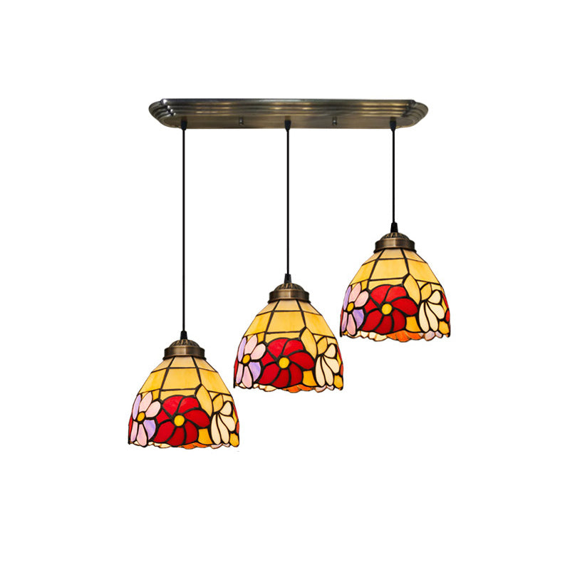 Bell Shaped Multi Light Pendant Decorative Floral Stained Glass 3 Heads Bronze Hanging Lighting Clearhalo 'Ceiling Lights' 'Chandeliers' 'Industrial' 'Middle Century Pendants' 'Pendant Lights' 'Pendants' 'Tiffany close to ceiling' 'Tiffany Pendants' 'Tiffany' Lighting' 2187195