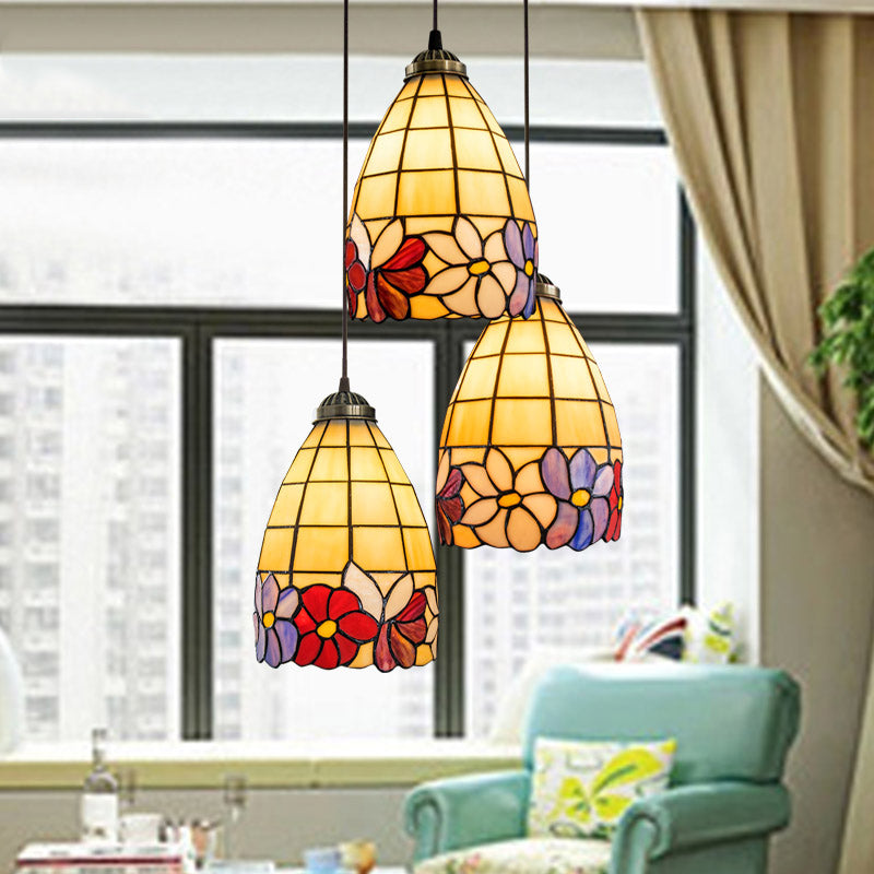 Bell Shaped Multi Light Pendant Decorative Floral Stained Glass 3 Heads Bronze Hanging Lighting Bronze B Round Clearhalo 'Ceiling Lights' 'Chandeliers' 'Industrial' 'Middle Century Pendants' 'Pendant Lights' 'Pendants' 'Tiffany close to ceiling' 'Tiffany Pendants' 'Tiffany' Lighting' 2187196