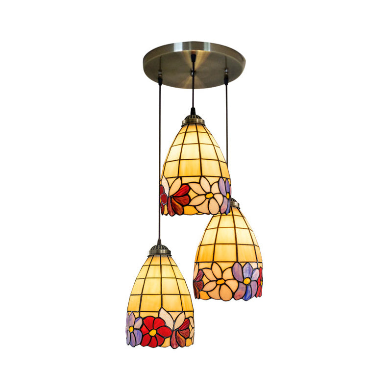 Bell Shaped Multi Light Pendant Decorative Floral Stained Glass 3 Heads Bronze Hanging Lighting Clearhalo 'Ceiling Lights' 'Chandeliers' 'Industrial' 'Middle Century Pendants' 'Pendant Lights' 'Pendants' 'Tiffany close to ceiling' 'Tiffany Pendants' 'Tiffany' Lighting' 2187197