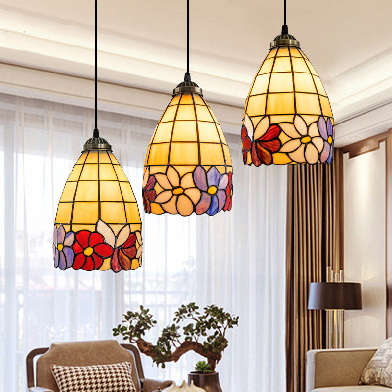 Bell Shaped Multi Light Pendant Decorative Floral Stained Glass 3 Heads Bronze Hanging Lighting Bronze B Linear Clearhalo 'Ceiling Lights' 'Chandeliers' 'Industrial' 'Middle Century Pendants' 'Pendant Lights' 'Pendants' 'Tiffany close to ceiling' 'Tiffany Pendants' 'Tiffany' Lighting' 2187198