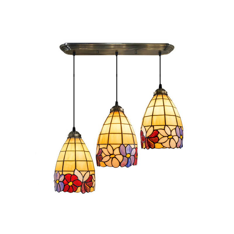 Bell Shaped Multi Light Pendant Decorative Floral Stained Glass 3 Heads Bronze Hanging Lighting Clearhalo 'Ceiling Lights' 'Chandeliers' 'Industrial' 'Middle Century Pendants' 'Pendant Lights' 'Pendants' 'Tiffany close to ceiling' 'Tiffany Pendants' 'Tiffany' Lighting' 2187200