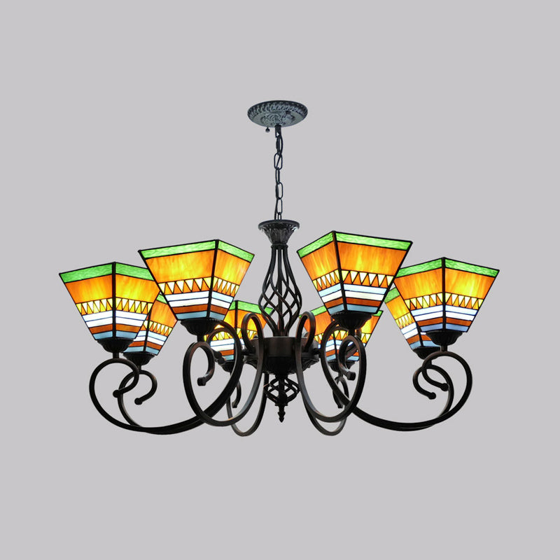 Antique Style Pyramid Ceiling Lighting Stained Art Glass Chandelier Light Fixture for Restaurant 8 Orange Clearhalo 'Ceiling Lights' 'Chandeliers' 'Industrial' 'Middle Century Chandeliers' 'Pendant Lights' 'Tiffany Chandeliers' 'Tiffany close to ceiling' 'Tiffany' Lighting' 2187201