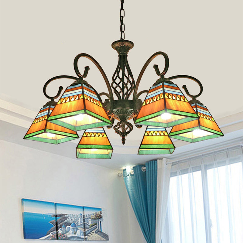 Antique Style Pyramid Ceiling Lighting Stained Art Glass Chandelier Light Fixture for Restaurant 6 Orange Clearhalo 'Ceiling Lights' 'Chandeliers' 'Industrial' 'Middle Century Chandeliers' 'Pendant Lights' 'Tiffany Chandeliers' 'Tiffany close to ceiling' 'Tiffany' Lighting' 2187202