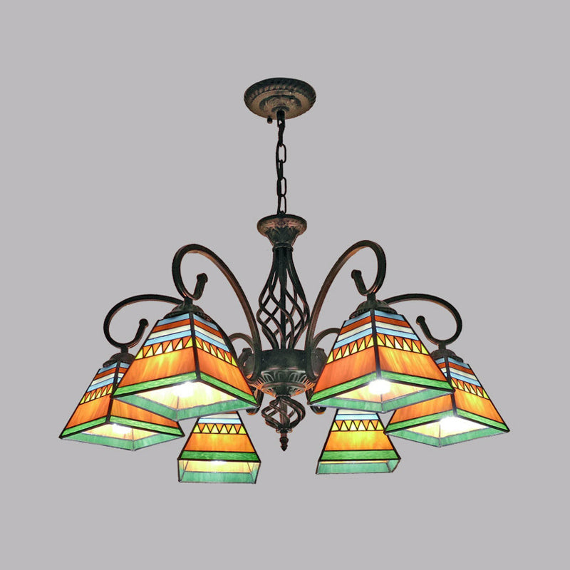 Antique Style Pyramid Ceiling Lighting Stained Art Glass Chandelier Light Fixture for Restaurant Clearhalo 'Ceiling Lights' 'Chandeliers' 'Industrial' 'Middle Century Chandeliers' 'Pendant Lights' 'Tiffany Chandeliers' 'Tiffany close to ceiling' 'Tiffany' Lighting' 2187203