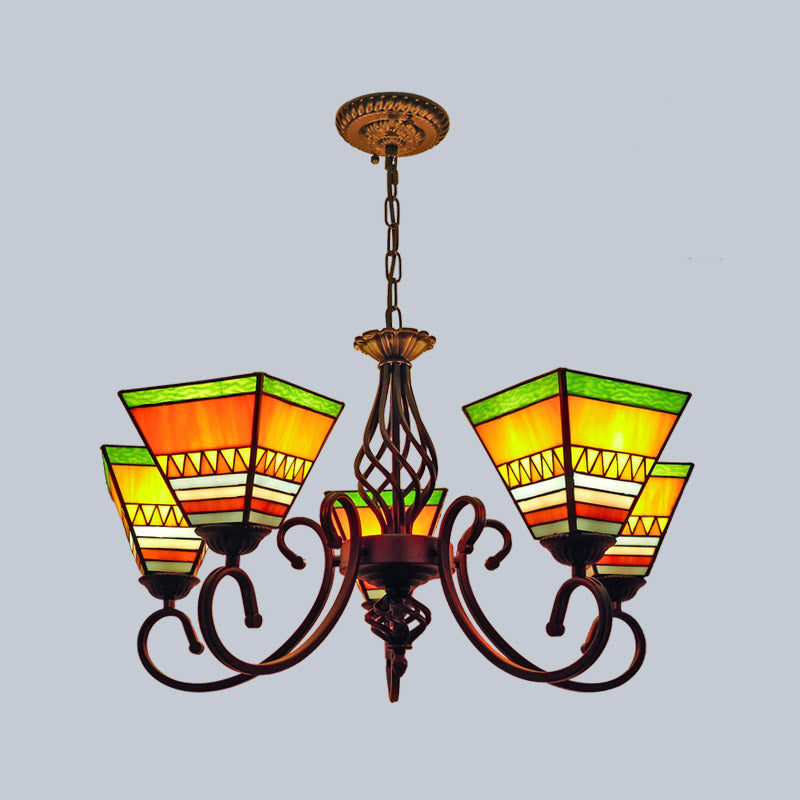 Antique Style Pyramid Ceiling Lighting Stained Art Glass Chandelier Light Fixture for Restaurant 5 Orange Clearhalo 'Ceiling Lights' 'Chandeliers' 'Industrial' 'Middle Century Chandeliers' 'Pendant Lights' 'Tiffany Chandeliers' 'Tiffany close to ceiling' 'Tiffany' Lighting' 2187204