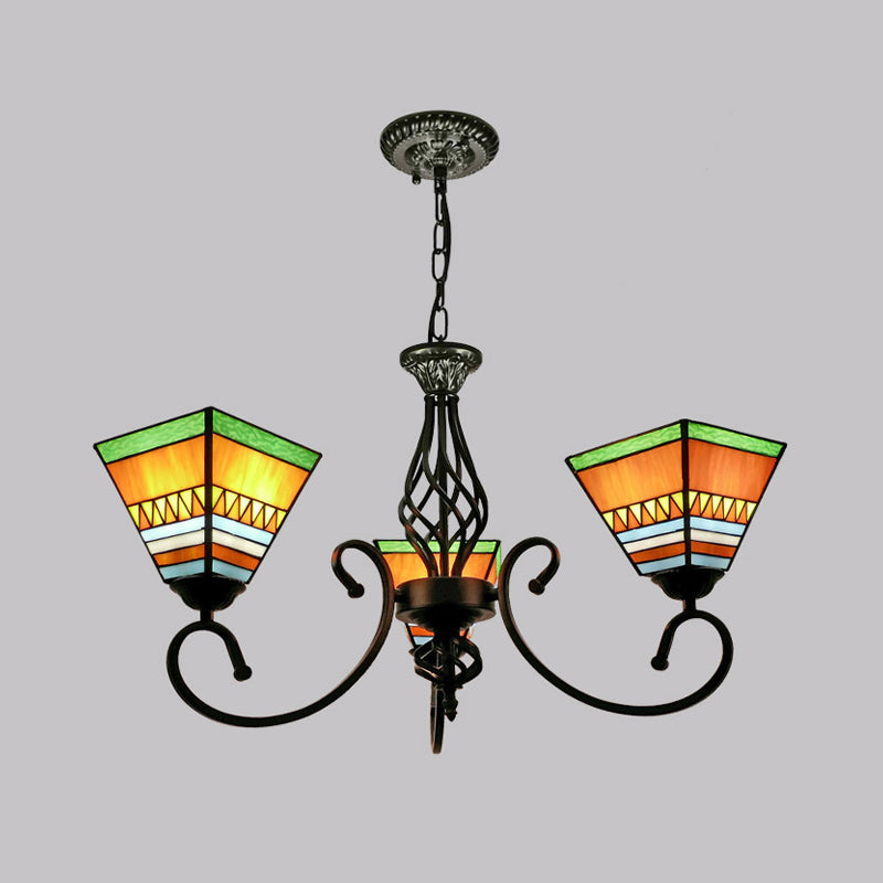 Antique Style Pyramid Ceiling Lighting Stained Art Glass Chandelier Light Fixture for Restaurant 3 Orange Clearhalo 'Ceiling Lights' 'Chandeliers' 'Industrial' 'Middle Century Chandeliers' 'Pendant Lights' 'Tiffany Chandeliers' 'Tiffany close to ceiling' 'Tiffany' Lighting' 2187205