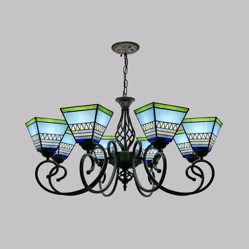 Antique Style Pyramid Ceiling Lighting Stained Art Glass Chandelier Light Fixture for Restaurant 8 Blue Clearhalo 'Ceiling Lights' 'Chandeliers' 'Industrial' 'Middle Century Chandeliers' 'Pendant Lights' 'Tiffany Chandeliers' 'Tiffany close to ceiling' 'Tiffany' Lighting' 2187206