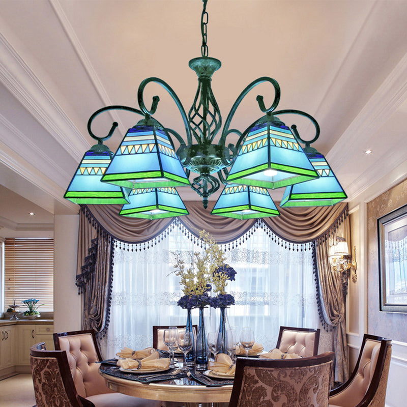 Antique Style Pyramid Ceiling Lighting Stained Art Glass Chandelier Light Fixture for Restaurant 6 Blue Clearhalo 'Ceiling Lights' 'Chandeliers' 'Industrial' 'Middle Century Chandeliers' 'Pendant Lights' 'Tiffany Chandeliers' 'Tiffany close to ceiling' 'Tiffany' Lighting' 2187207
