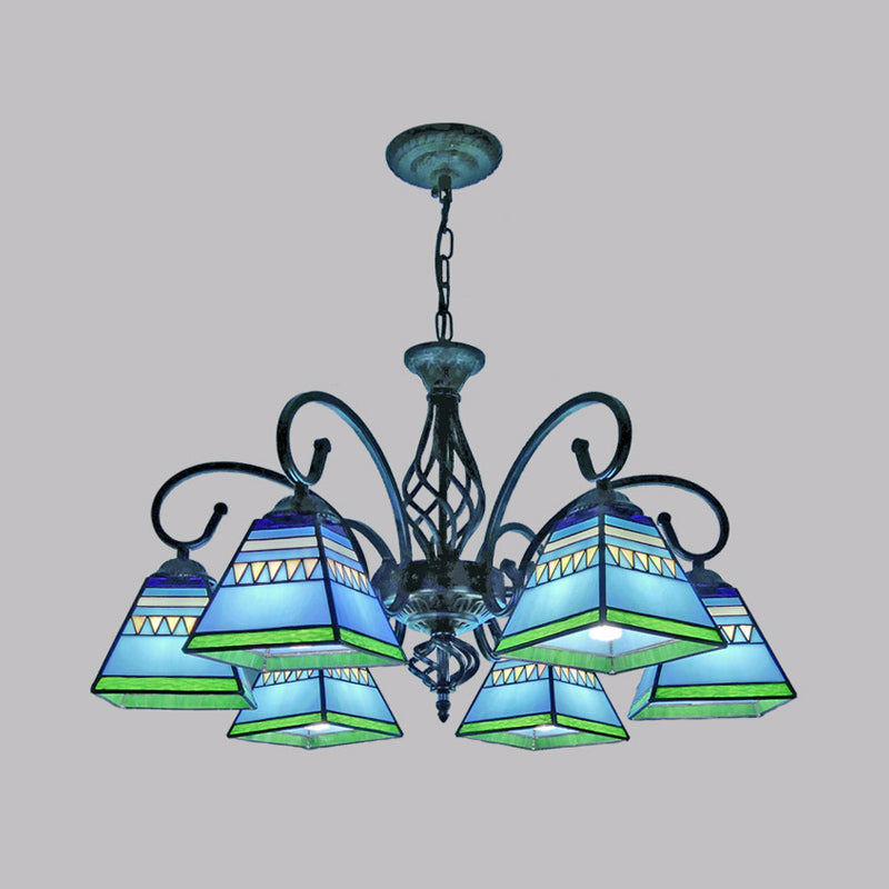 Antique Style Pyramid Ceiling Lighting Stained Art Glass Chandelier Light Fixture for Restaurant Clearhalo 'Ceiling Lights' 'Chandeliers' 'Industrial' 'Middle Century Chandeliers' 'Pendant Lights' 'Tiffany Chandeliers' 'Tiffany close to ceiling' 'Tiffany' Lighting' 2187208