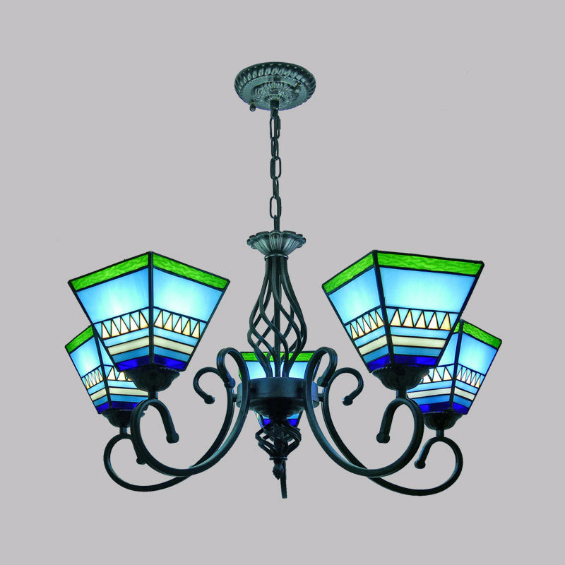 Antique Style Pyramid Ceiling Lighting Stained Art Glass Chandelier Light Fixture for Restaurant 5 Blue Clearhalo 'Ceiling Lights' 'Chandeliers' 'Industrial' 'Middle Century Chandeliers' 'Pendant Lights' 'Tiffany Chandeliers' 'Tiffany close to ceiling' 'Tiffany' Lighting' 2187209