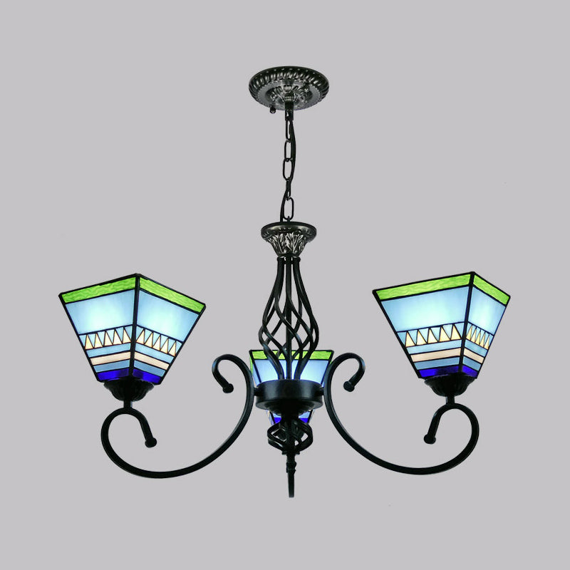 Antique Style Pyramid Ceiling Lighting Stained Art Glass Chandelier Light Fixture for Restaurant 3 Blue Clearhalo 'Ceiling Lights' 'Chandeliers' 'Industrial' 'Middle Century Chandeliers' 'Pendant Lights' 'Tiffany Chandeliers' 'Tiffany close to ceiling' 'Tiffany' Lighting' 2187210