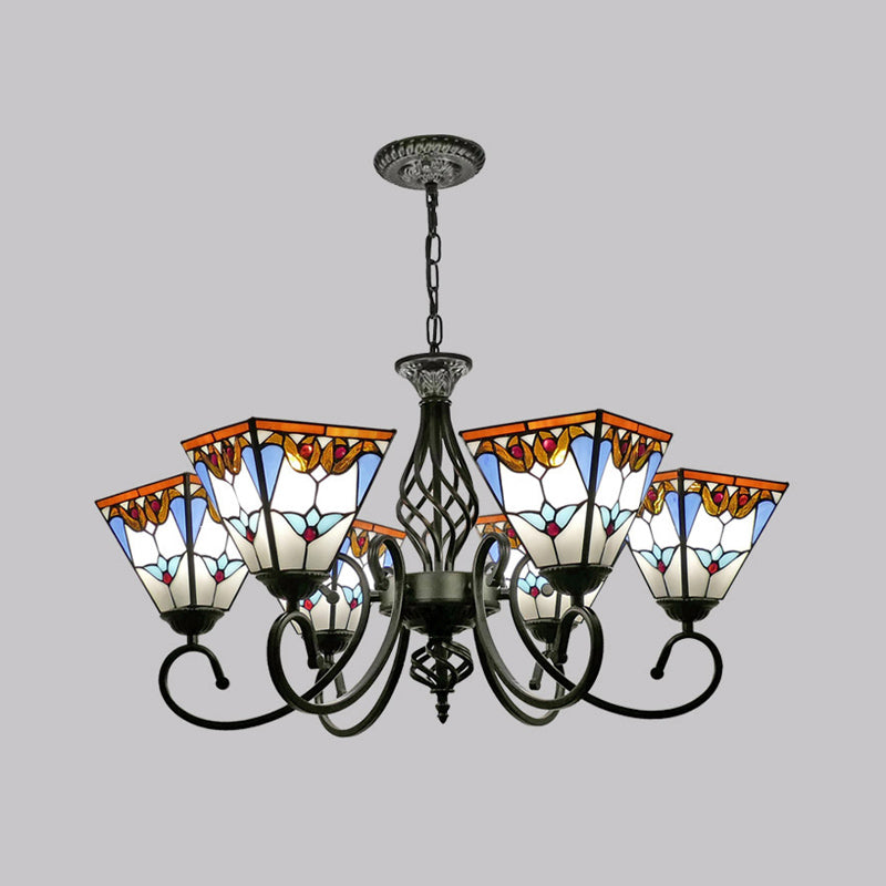 Antique Style Pyramid Ceiling Lighting Stained Art Glass Chandelier Light Fixture for Restaurant 6 White Clearhalo 'Ceiling Lights' 'Chandeliers' 'Industrial' 'Middle Century Chandeliers' 'Pendant Lights' 'Tiffany Chandeliers' 'Tiffany close to ceiling' 'Tiffany' Lighting' 2187212