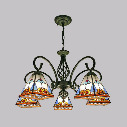 Antique Style Pyramid Ceiling Lighting Stained Art Glass Chandelier Light Fixture for Restaurant 5 White Clearhalo 'Ceiling Lights' 'Chandeliers' 'Industrial' 'Middle Century Chandeliers' 'Pendant Lights' 'Tiffany Chandeliers' 'Tiffany close to ceiling' 'Tiffany' Lighting' 2187213